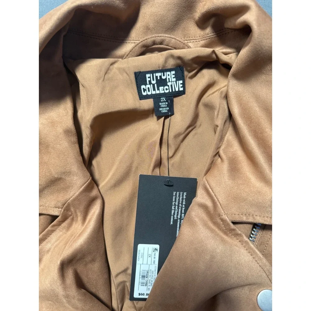 Faux Suede Bomber Jacket Womens Tan Camel Zip Up Utility - Picture 2 of 6